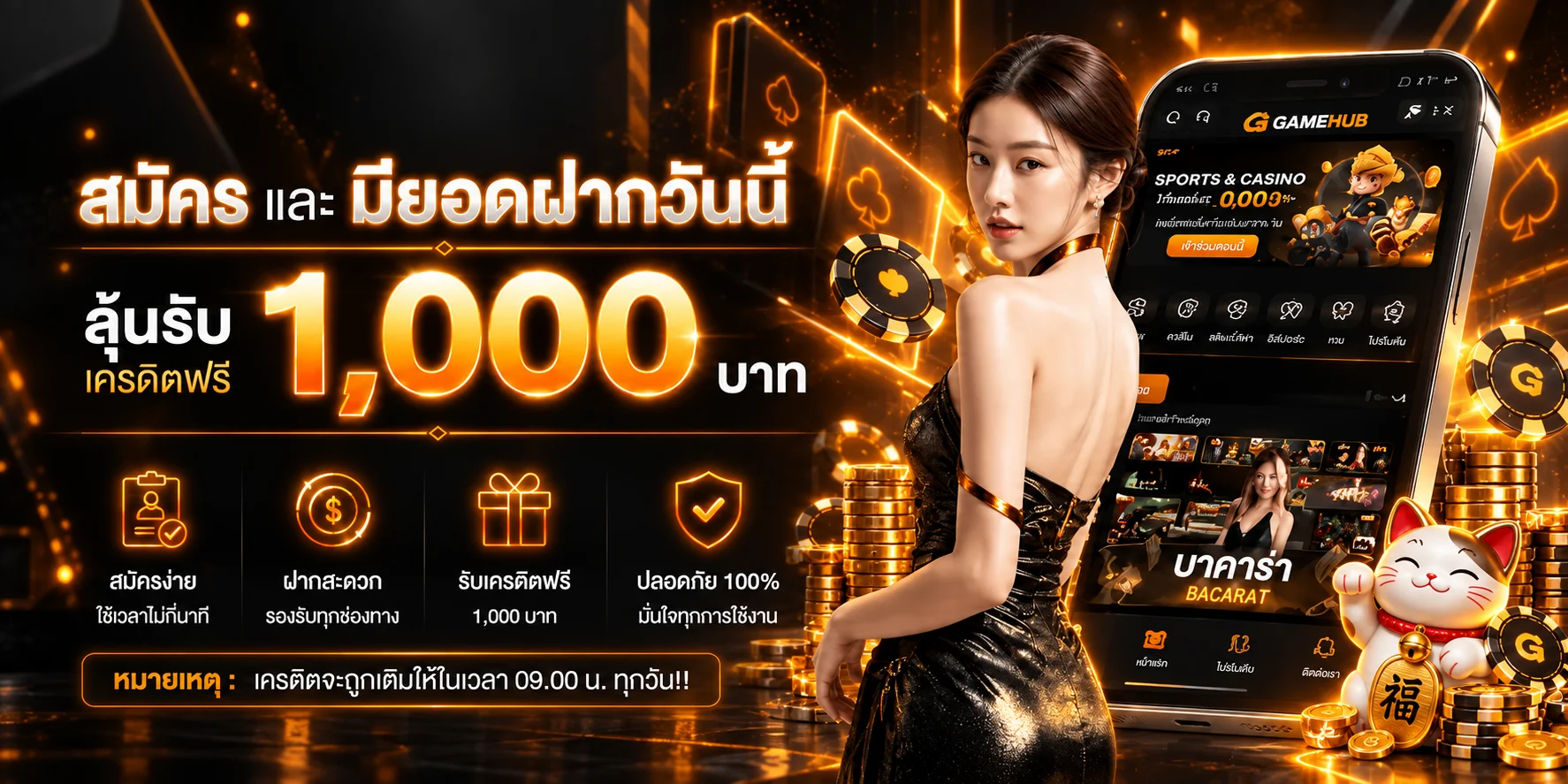 ภาพสมัครสมาชิก GAMEHUB พร้อมสมาร์ตโฟนและ Lucky Neko